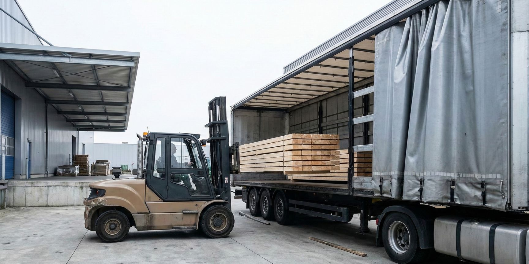 Forklift loads truck from the side with long goods at a logistics yard